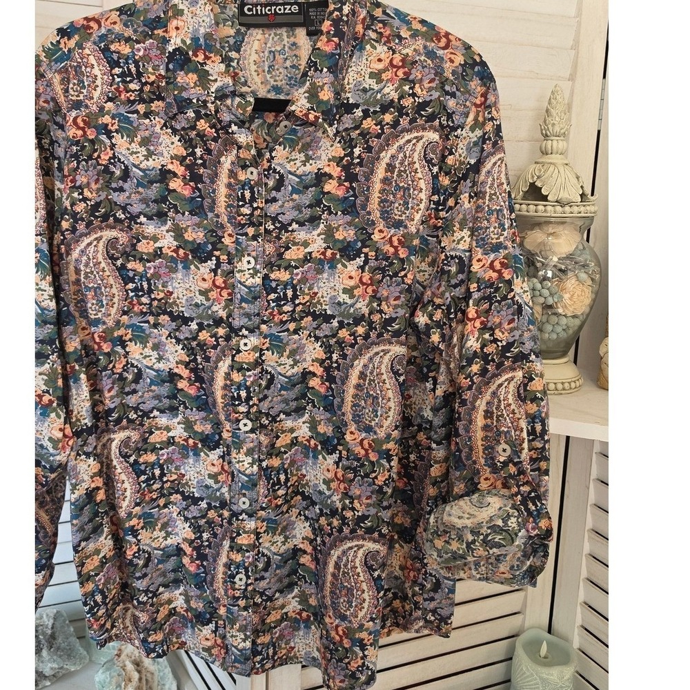 Citicraze Women Large Blue Floral Paisley Cotton Roll Tab Button Up Shirt VTG